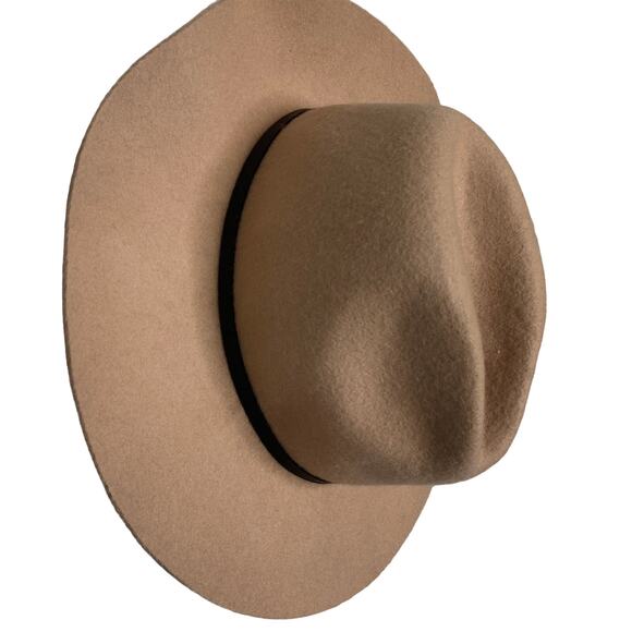 Wide Brim Brown Wool Hat with Faux Leather Detail OS - Picture 5 of 6